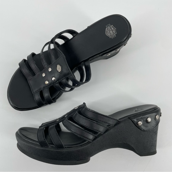 Harley Davidson Womens Wedge Sandals Black Leather Studded Strappy Clog 7M - Picture 1 of 8